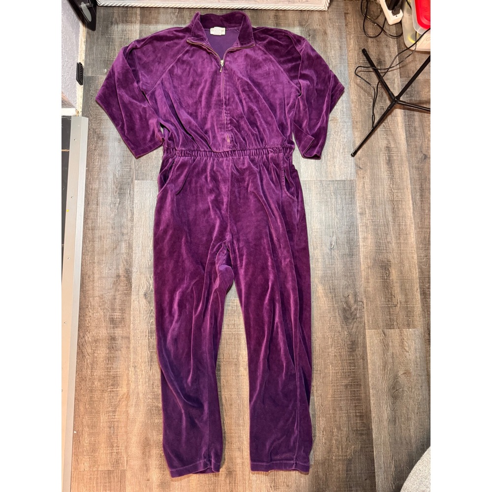 Essential Elements Purple Velour Jumpsuit Mock Neck Zip Front 90s Vintage Large